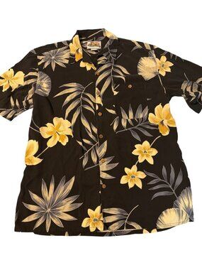 Vtg Paradise Coves Black Silk Hawaiian Shirt Cream Floral Print Flower Camp Sz L